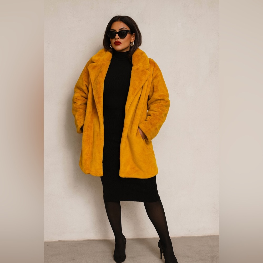 PrettyLittleThing Mustard Faux Fur Coat